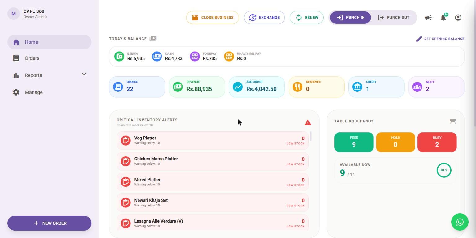 Restro Infinity home dashboard with today's balance, orders and table occupancy
