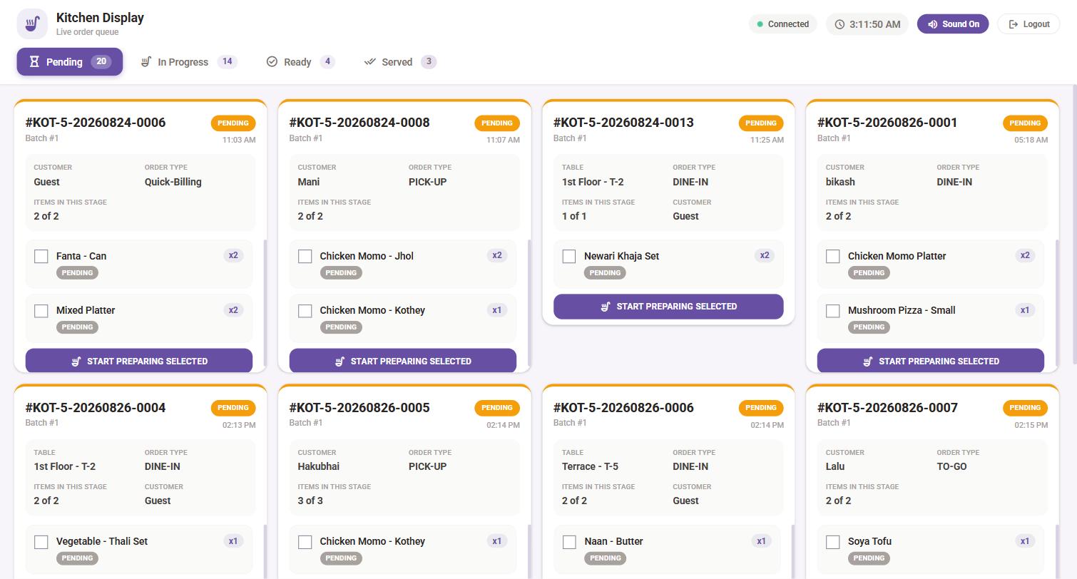 Restro Infinity live Kitchen Display System showing pending and in-progress order tickets