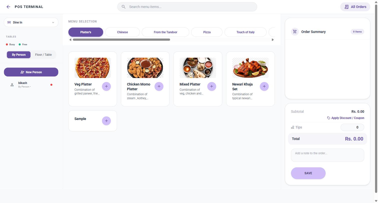 Restro Infinity POS terminal showing menu categories and a live order cart